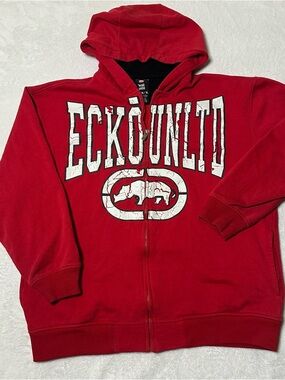 VTG Ecko Unltd Hoodie Mens XL Red Full Zip Y2K Skater Rhino Spellout